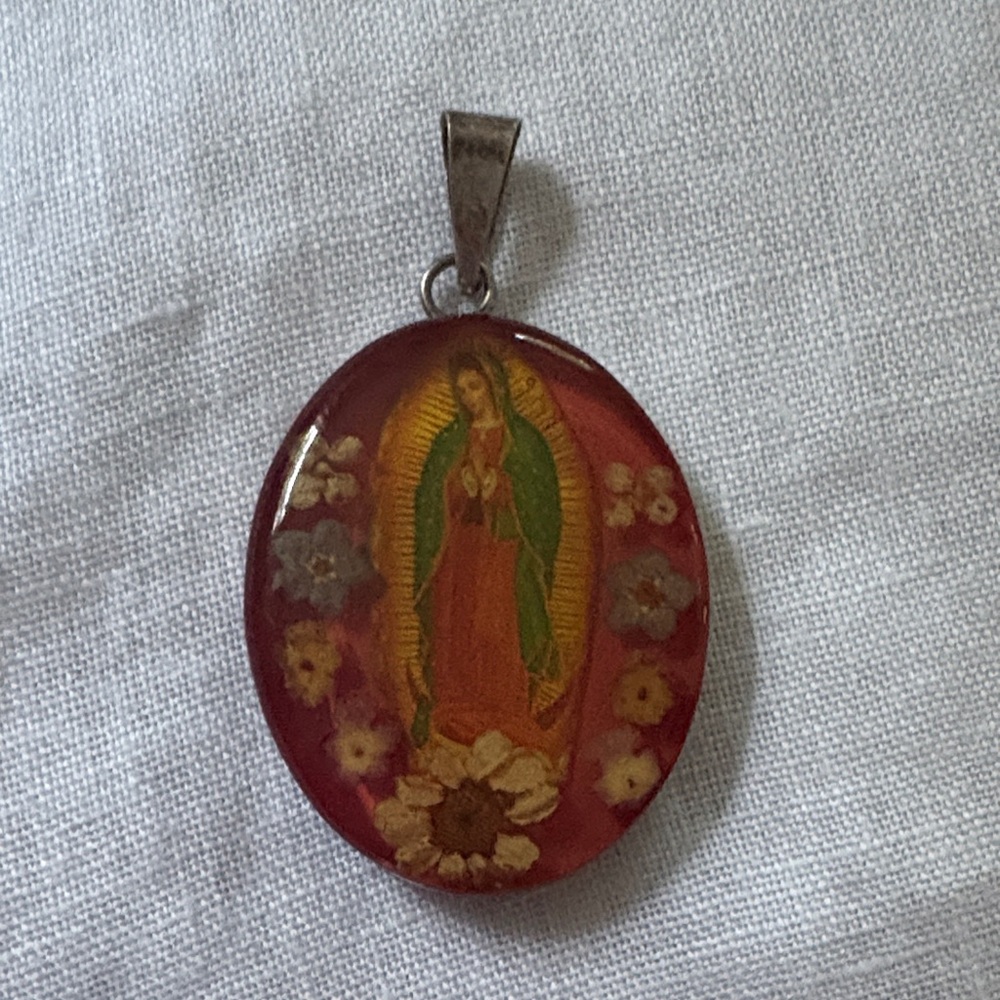 Religious Virgin Mary Red Oval Pendant Necklace